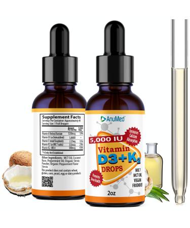 ANUMED Vitamin D3 + K2 5 000 IU Liquid Drops + Organic MCT Oil Vitamin A (Retinol) 1250mcg K2 (MK4 MK7). Promotes Heart Bones Immune System. 100% Vegan Non-GMO Gluten-Free No Sugar Added (2oz)