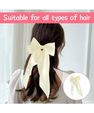 Nuqin Ribbon White Hair Bow White Bow Long Tail French Ribbon White Hair Bow Soft Silky Satin White Bow Hair Clip with Metal Clip for Party Women Girls(Off White) - Buy Online on GoSupps.com
