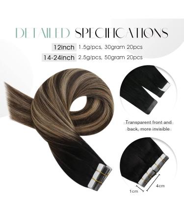 Moresoo Invisible Tape-In Hair Extensions | Real Hair | 30cm Natural Black to Dark Brown with Gold Blonde Adhesive | 20 Pieces 50g | Color #1B/4/14 - Buy Online on GoSupps.com