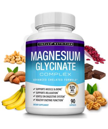 Magnesium Glycinate Complex 525 mg High Absorption 100% DV Chelated - Formulated for Recovery Maximum Bioavailability Vegan for Men Women 90 Capsules Toplux