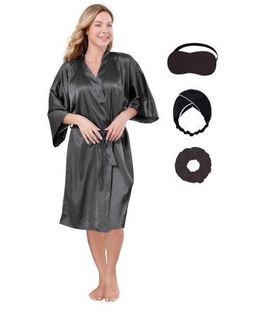 MEIKLE Silky Robes for Women Party Wedding Short Floral Kimono with Blindfold Hair Bands Elastic Hair Scrunches Cs-black L/XL
