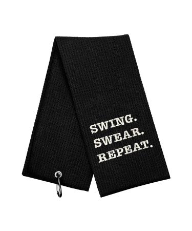 Funny Golf Towel, Swing Swear Repeat, Golf Gifts for Men - Golf Accessories for Men, Embroidered Golf Towels for Golf Bags with Clip, Black Black-swing Swear Repeat