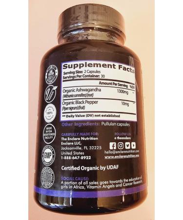 THE ENCLARE NUTRITION | Ashwagandha Supplement Capsules 1300mg. Organic Ashwagandha Root Powder Black Pepper Extract | Natural Sleep Aid Focus Mood Energy Immune/Thyroid Support (1) - Buy Online on GoSupps.com