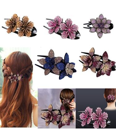 5 PCS Double Flower Rhinestone Hair Clip Elegant hair Accessories Long Hair Adult Hair Jewelry For Women Crystal Thick Hairpin (Large) (Count) Flower color