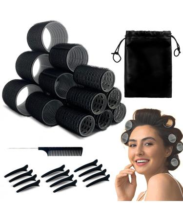 UoQo Hair Rollers for Long Hair 32 Pcs Salon Hairdressing Curlers Velcro Rollers Set for Hair Black Self Grip Hair Roller Kit with 12 Clips 1 Comb and A Large Storage Bag