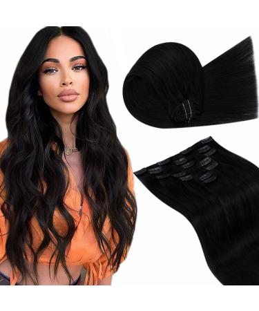 LAAVOO Black Hair Extensions Clip in Human Hair Jet Black 18in Brazilian Remy Clip in Hair Extensions Real Human Hair Straight Double Weft Full Head Set 18in 7pcs 120G 18 Inch-120g #1