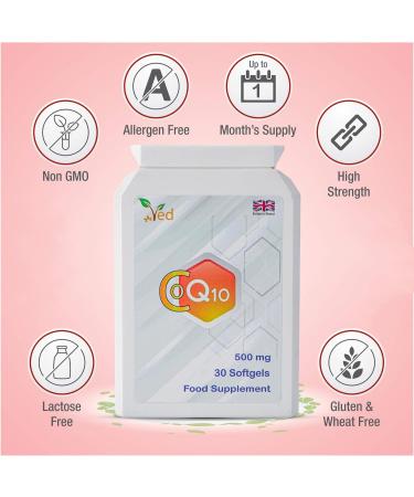 Veds CoQ10 500 mg - Highest Strength Naturally Fermented Ubiquinone | Co-Enzyme Q10 | 30 Capsules | Superior Natural Formula | Monthly Supply - Buy Online on GoSupps.com