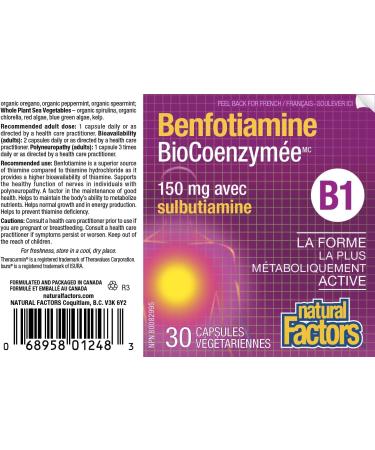 Natural Factors BioCoenzymated Benfotiamine B1 150 mg plus Thiamine Diphosphate 30 capsules - Buy Online on GoSupps.com