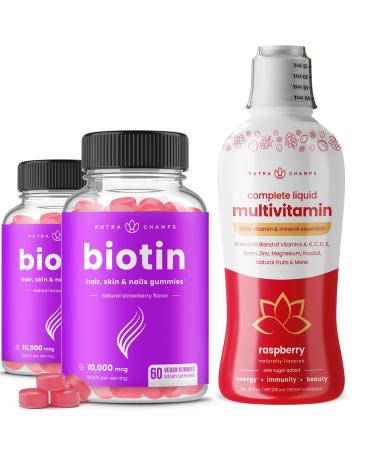 NutraChamps Biotin Gummies (2 Pack) and Liquid Multivitamins 3 Pack Bundle
