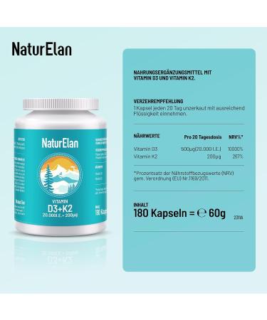 Vitamin D3 K2 Capsules - 20000 I.U. + 200 MCG K2 MK7 - 180 Vegetarian Capsules Additive-Free Made in Germany - Buy Online on GoSupps.com