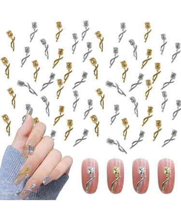 Tulip Nail Charms 60PCS Rose Flower Metal Nail Gems Studs Gold Silver Nail Art Decorations Ornaments for Nail Design Supplies Jewelry Accessories (Gold Silver)
