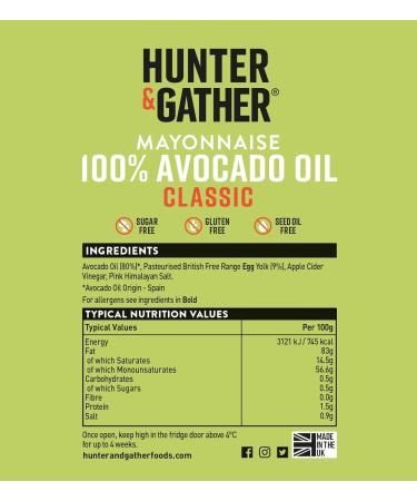 Hunter & Gather Avocado Oil Mayonnaise 250g | Paleo Keto Friendly Avocado Mayo with British Free Range Egg Yolk | Sugar & Gluten Free | Natural Ingredients | Classic Flavor | 250g (Pack of 1) - Buy Online on GoSupps.com