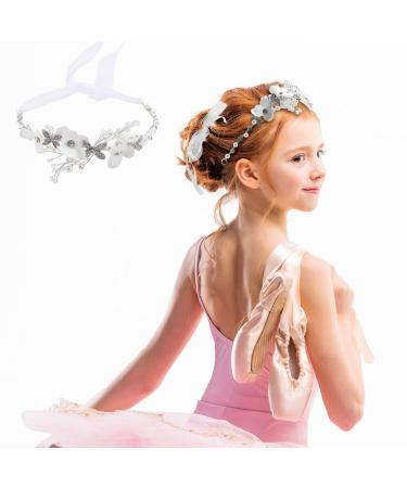 Flower Girl Headpiece Princess Headband White Pearl Rhinestone Hair Dress Crystal Bridal Engagement Wedding Evening Party Flower Crown Headpiece Hair Accessories for Girls (Silver)