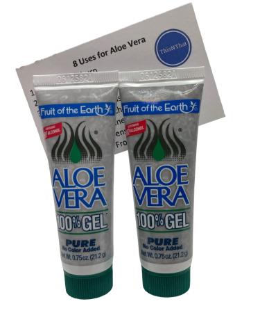 Fruit of the Earth Pure Aloe Vera 100% Gel Moisturizer for Sunburn and Dry Skin Travel Size Bundle: (2) 0.75 oz Tubes & ThisNThat Trademark Tip Card