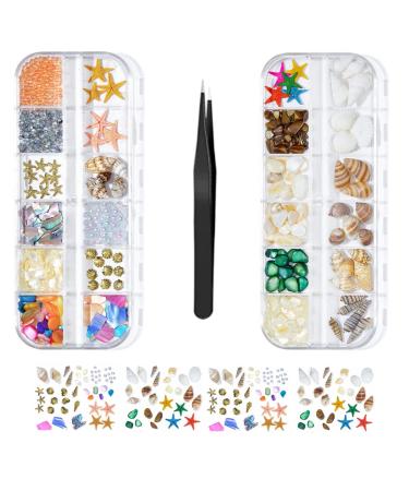 2 Boxes of Assorted Ocean Themed Nail Charms for Decorating Fingernails | Sea Shells and Starfish Style Nail Accessories | Jewels for your Nails | Colourful Bling Rhinestones | Tweezers Included!