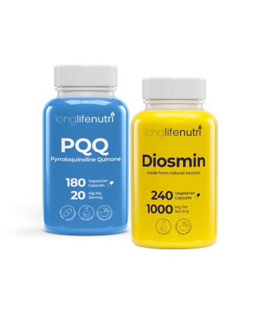 LongLifeNutri PQQ 20 mg + Diosmin 1000 mg Bundle - 180 + 240 Capsules 6-4 Month Supply Mental Performance & Circulatory Health Support Made in USA