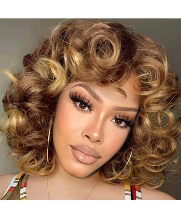 Shop Porsmeer Brown Blonde Afro Wig - Loose Curly Synthetic Hair for Women | Ombre Kinky Curly Short Wigs with Highlights - Buy Online on GoSupps.com