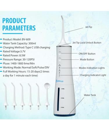 BosiBozi Rechargeable Water Flosser - 4 Modes Portable & Cordless 300ML Tank IPX7 Waterproof USB-C Charging 3 Jet Heads & Tongue Scraper - Dental Care Solutions - Buy Online on GoSupps.com