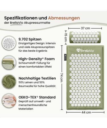 BRELLAVIO Acupressure Mat & Pillow - Ultimate Relaxation for Back Neck Shoulders & Feet | Green Acupuncture Massage Mat for Pain Relief - Buy Online on GoSupps.com