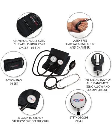 Manual Blood Pressure Cuff by Paramed Professional Aneroid Sphygmomanometer with Carrying Case Adult Sized Cuff BP Monitor Set with Stethoscope (Black) - Buy Online on GoSupps.com