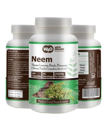 WAY 4 ORGANIC W4O Neem Triple Complex - High-Potency Azadirachta Indica Capsules Neem Leaves Bark Flowers in Ratio (80:10:10) - 180 Capsules 90 Serving 1000 Mg per Serving. Pack of 1.