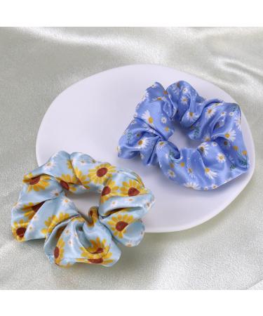Daisy Flower Blue Hair Scrunchies 2PCS - Women's Silk Hair Accessories & Ponytail Holder Bracelet - Buy Online on GoSupps.com