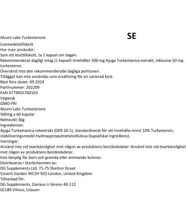 ALZURO LABS Turkesterone 10000mg Equivalent Ajuga Turkestanica Extract 201 500mg 60 vegan capsules 3rd batch tested by laboratory - Buy Online on GoSupps.com