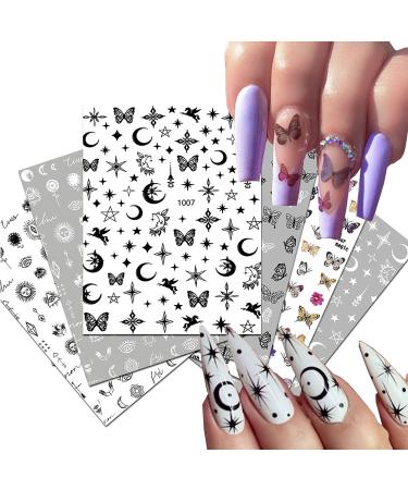Metallic Nail Sticker 3D Self-Adhesive Nail Decals Black White Butterfly Star Moon Line Nail Design Stickers Constellation Decals DIY Nail Tips Decorations Manicure for Women Girls 6Sheets