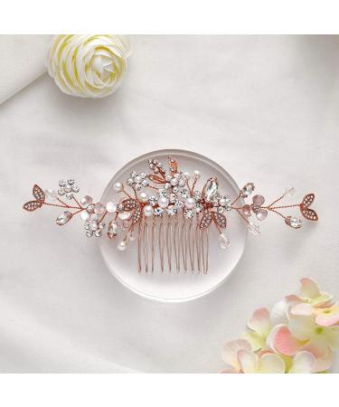 Ushiny Crystal Bridal Hair Comb - Rose Gold Headpiece & Pearl Leaf Clips for Wedding - Elegant Hair Accessories for Women & Girls - Buy Online on GoSupps.com