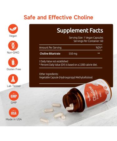 Choline Bitartrate 550mg, Supports Liver & Brain Health, High Absorption Choline Supplements, Non-GMO, Gluten-Free, Made in USA, 60 Vegan Capsules 60 Count (Pack of 1) Choline Bitartrate - Buy Online on GoSupps.com