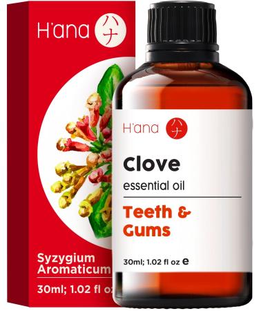 H ana Clove Oil for Tooth Aches & Pain Relief - 100% Pure and Natural Clove Essential Oil - Therapeutic Grade Clove Oil Essential Oil - Clove Oil for Hair Growth Skin Teeth & Gums (30ml)
