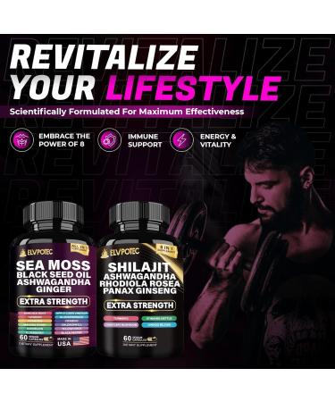 ELVPOTEC Shilajit and Sea Moss Bundle- 90 Count - Sea Moss 7000mg Black Seed Oil 4000mg Ashwagandha 2000mg Ginger & Shilajit 9000mg Rhodiola Rosea 1000mg All in 1 Supplements (1 Pack) - Buy Online on GoSupps.com