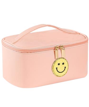 WALONER Preppy Patch Makeup Bag Leather Cosmetic Bag Large Makeup Pouch, Portable Waterproof Travel Toiletry Organizer,Cute Preppy Makeup Bag for Women Girls Gifts (Pink) Pink L-Yellow Smiley