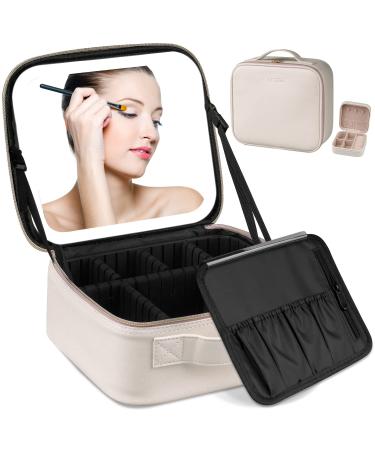 AZ GOGO Travel Makeup Bag with Light up Mirror Makeup Train Case with Lighted Mirror 3 Color Brightness Waterproof Portable Cosmetic Bag Organizer (Creamy White)