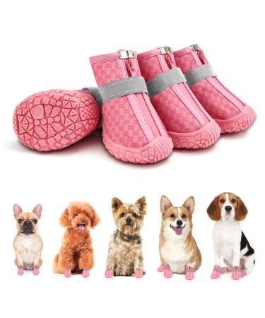 Dog Shoes for Small Dogs Boots, Waterproof Dog Booties Paw Protector for Outdoor Walking, Puppy Shoes with Reflective Strips Rugged Anti-Slip Sole for Hardwood Floors Hot Pavement Winter Snow 4PCS/Set #2 (width 1.29 inch) for 6.6-11.0 lbs Pink