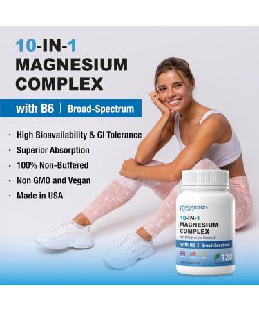 Puregen Labs 10 in 1 Magnesium Complex 500mg with B6-120 Veggie Capsules High Absorption and Bioactivity Non-GMO NO Gluten and Dairy - Buy Online on GoSupps.com