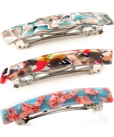 3 Pcs Womens Hair Barrettes Tortoise Cellulose Acetate Barrettes Small French Barrettes Automatic Hair Clips South Sea,Pink,Pastel Color Marble Print