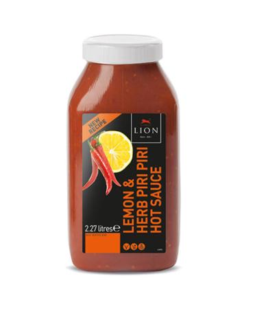 Lemon & Herb Piri Piri Hot Sauce 2.27L. Herby and spicy with a fresh citrus flavour for a variety of dishes. Marinate chicken glaze seafood add to stews for extra flavour or as a dip.