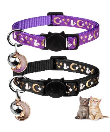2PCS Breakaway Cat Collars with Bell Moons Stars Cute Kitty Adjustable Safe Kitten Collars with Pendant Glow in The Dark Black&Purple