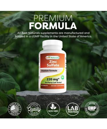 Best Naturals Zinc Sulfate 220 mg 120 Tablets - 3rd Party Lab Tested - Made in The USA - Gluten Free & Non-GMO - Buy Online on GoSupps.com