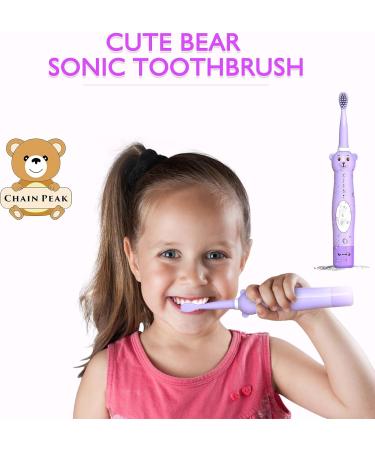 Kids Sonic Electric Toothbrush - Rechargeable Cute Bear Design for Boys and Girls 3-12, 30s Reminder, 2 Min Timer, 5 Modes - Includes 6 Brush Heads and Wall-Mounted Holder (Purple) - Buy Online on GoSupps.com