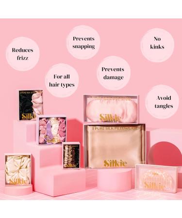 Silk Scrunchies Set with Silk Travel Pouch - Pink Black Oversized Hair Ties x2 | 100% Pure Mulberry Silk | Premium Ponytail Holder for Hair Care - Buy Online on GoSupps.com
