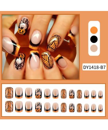 Buy Halloween Press On Nails - Medium Square Black & Yellow French Tips with Pumpkin & Spider Web - 24 Pcs Glossy Fake Nails for Women - Buy Online on GoSupps.com