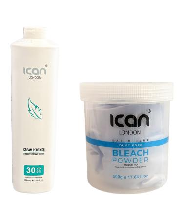 ICAN LONDON PROFESSIONAL CREAM PEROXIDE 30 VOL 9% 1000 ML + RAPID BLUE POWDER BLEACH (JAR) 500 G SET