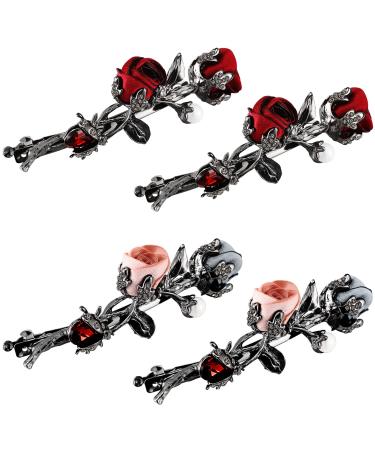 4 Pcs Crystal Vintage Flower Clip Rhinestone Pearl Hair Jewelry Metal Flower Clip for Hair Flower Rhinestone Hair Barrette Flower Hair Pin Vintage Hair Accessories for Women Wedding Red and Pink