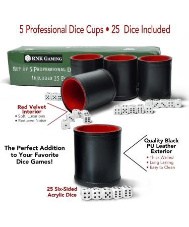 RNK Gaming 5 Pack Professional PU Leather Dice Cups with 25 White Six-Sided Dice - Buy Online on GoSupps.com