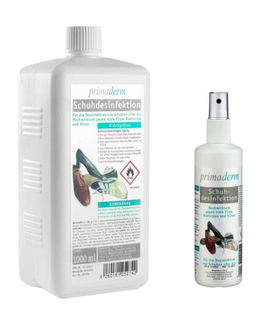 Primaderm shoe disinfection aldehyde -free disinfectant for fungi bacteria and viruses in shoes 250 ml spray bottle and 1l euro dispenser bottle refill pack