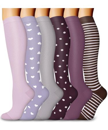 6 Pairs Compression Socks for Women and Men 15-20mmHg Compression Stockings for Swelling Running Hiking Travel Nursing A2-6 Pack Purple/Gray/Brown Small-Medium