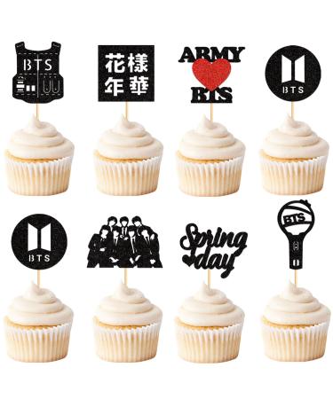 Keaziu 28 PCS Music Singer Cupcake Toppers KPOP Singer Cupcake Picks for Spring Day A-rmy B-T-S Singer Group Theme Party Birthday Party Decoration for Boys and Girls Spring Black