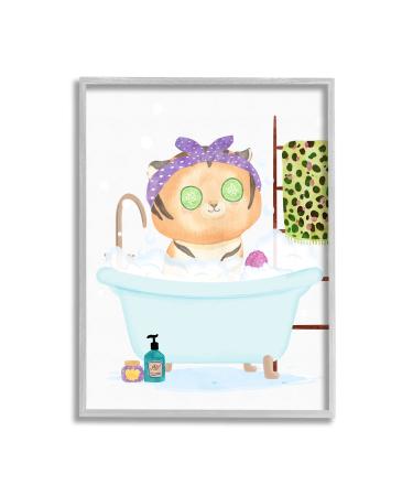 Stupell Industries Children's Tiger Bubble Bath Cute Safari Animal Bathroom Grey Framed Wall Art  11 x 14  White